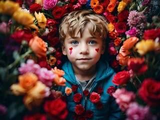 a small child lies in a flower bed covered with pink and red flowers