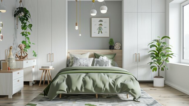 Fototapeta A modern and minimalist style bedroom, white cabinet door with light green pastel color bed linen, children's illustration design on the head of the soft sofa.