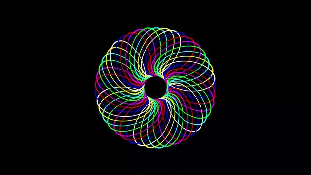 Animation of a colorful spinning spirograph on a black background