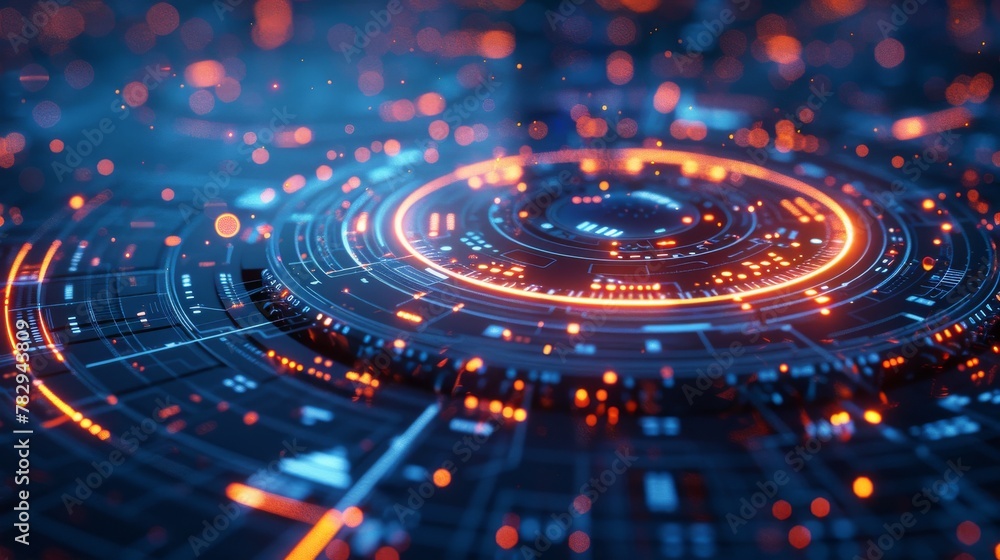 Fototapete A 3D render of an abstract technology display background featuring a sci-fi circle circuit hud on a blue dotted data and microchip background.