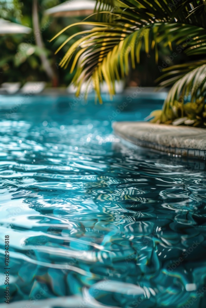 Poster a tranquil scene with a palm tree and swimming pool. suitable for travel and vacation concepts