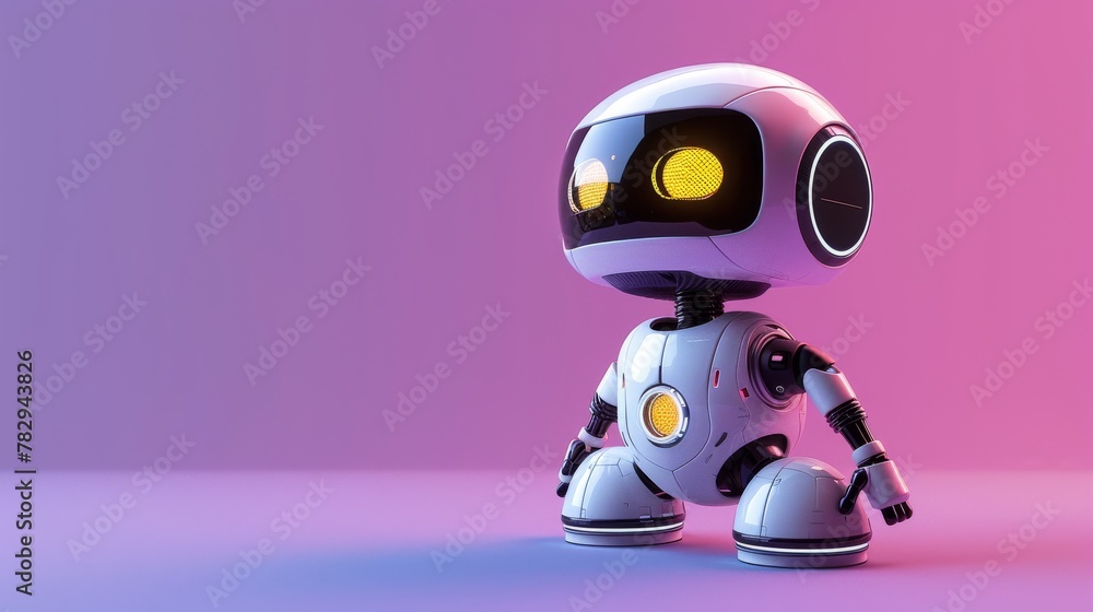 Poster robot looking up isolated on a purple background. technology concept rendered in 3d.