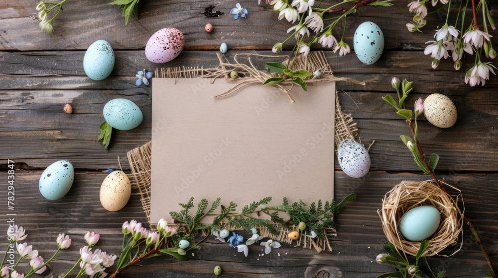 Poster various colored easter eggs displayed on a rustic wooden table. perfect for easter holiday projects