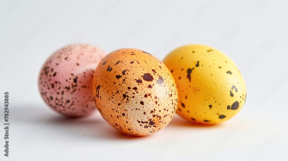 Poster three speckled eggs arranged on a white background. suitable for various design projects