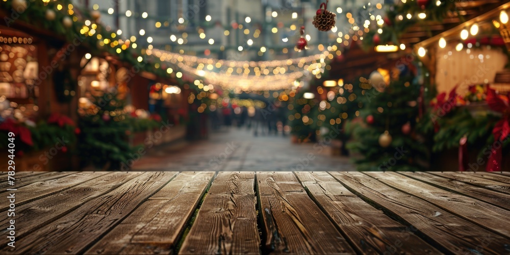 Poster A wooden table with lights in the background. Perfect for adding a cozy ambiance to any design project