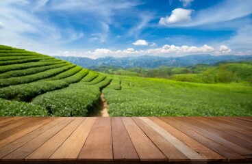 A vast green agricultural field stretches under a bright blue sky, with ample space for product...