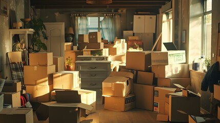 AI generated illustration of a room filled with moving boxes being packed by individuals - obrazy, fototapety, plakaty