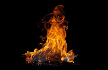 Isolated flames flicker on a pitch-black canvas, their fiery texture forming an abstract and...