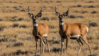 Naklejka na ściany i meble two deer pronghorns in a dry grassland setting