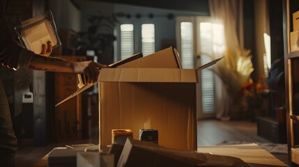 AI generated illustration of a person packing moving boxes