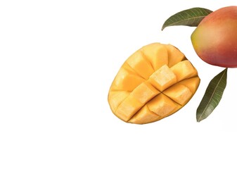Mango fruit with leaves on white background