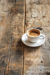 A cup of coffee on a rustic wooden table, perfect for coffee shop menus or interior design blogs