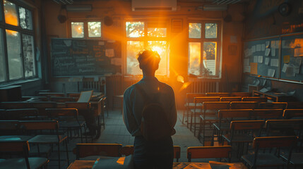 Nurturing Knowledge: Teacher's Dedication Shines in a Dimly Lit Classroom, Glow of Knowledge Illuminates the Path to Learning Using Low Light Techniques - obrazy, fototapety, plakaty
