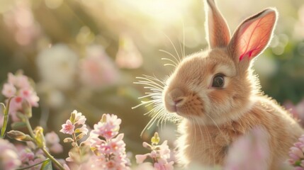 A cute rabbit sitting in a field of colorful flowers. Perfect for nature and wildlife concepts