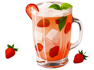 A transparent glass of natural strawberry lemonade with ice. PNG transparency. Isolated on transparent background