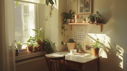 The corner desk in a bedroom, white porcelain stirring on it, small and clean, with some plants, a calendar and pictures hanging above it, in the minimalistic style