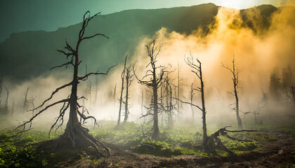 Fototapeta premium Dead trees with dust and fog. Global warming, apocalypse