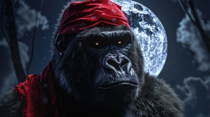 A gorilla wearing a red bandanna