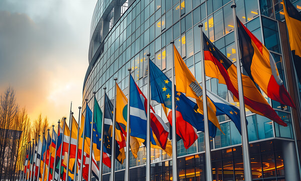 AI generated illustration of European flags in front of a building at dusk