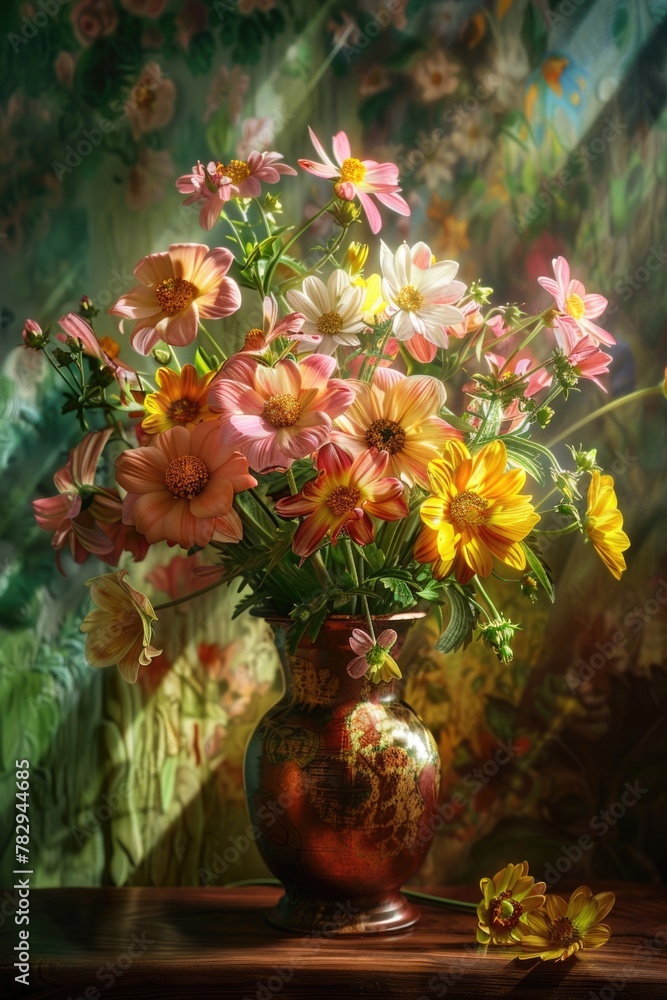 Poster a vase filled with flowers on a table, suitable for various design projects