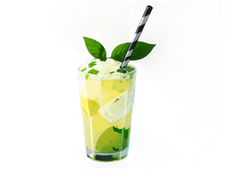 A transparent glass of natural lemonade made of tropical fruits with ice isolated. PNG transparency.