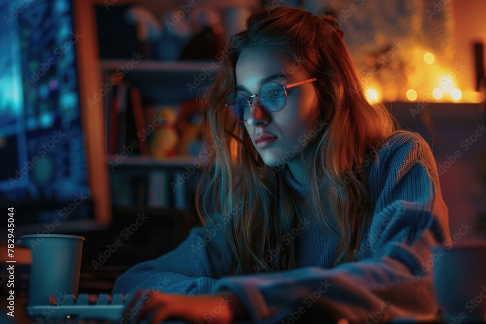 Poster a woman in glasses typing on a computer. suitable for technology concepts