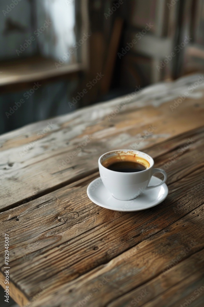 Poster a simple image of a coffee cup on a wooden table, suitable for various projects