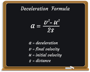 Deceleration Formula on a black chalkboard. School. Physics Formula. Vector illustration.