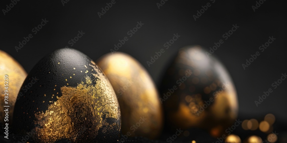 Aufkleber group of golden eggs on black surface, versatile image for various concepts
