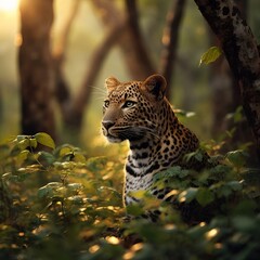 a close up of a leopard sitting in the middle of trees