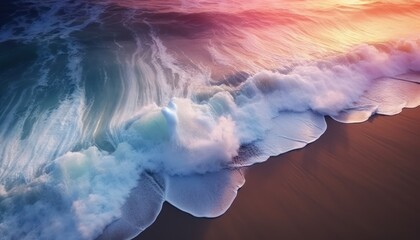 Aerial view of beautiful beach waves, on the coast with foam after being hit by the waves, reflection of sunset light on the coast with white sand
