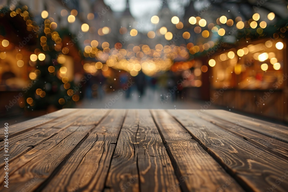 Poster A wooden table with lights in the background. Suitable for various design projects