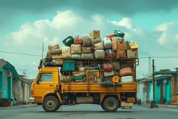 an orange truck is driving on a city street with lots of bags and luggage
