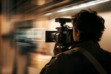 man with a camera in a blurry image of a subway - obrazy, fototapety, plakaty