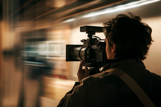man with a camera in a blurry image of a subway