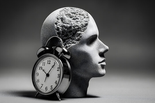 a clock sitting in front of a stone head statue of a man