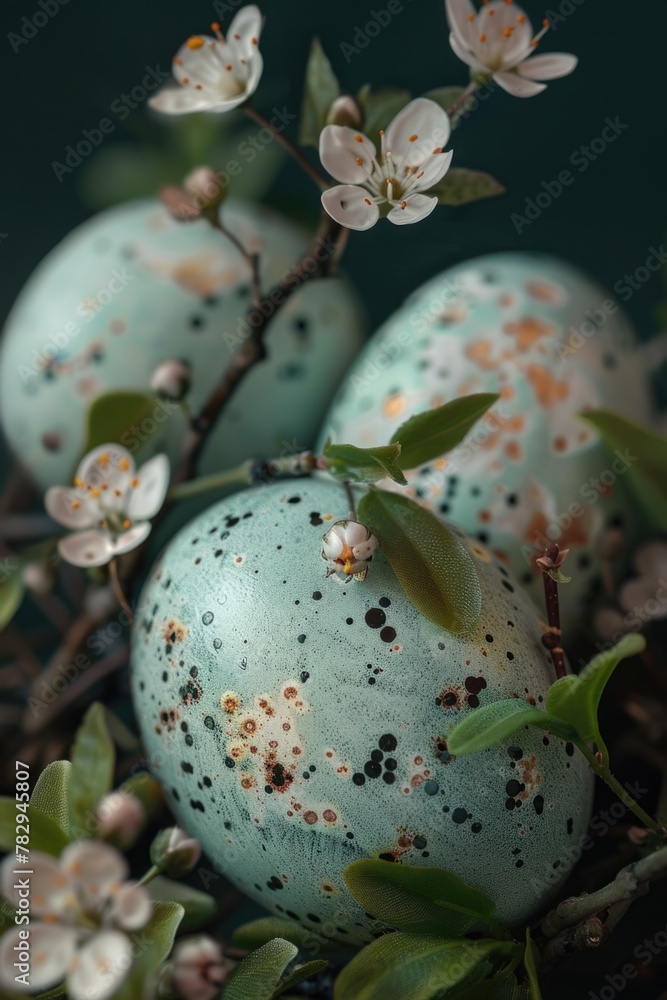 Poster close up of three eggs in a nest with flowers, perfect for spring and easter themes