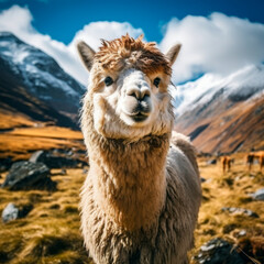 Fototapeta premium Serene Alpaca in Majestic Mountain Landscape
