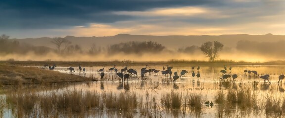 Birds in the pond at golden sunset, panoramic view