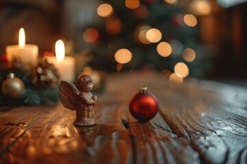 Fototapeta premium A small angel figurine placed next to a Christmas ornament. Perfect for holiday decorations