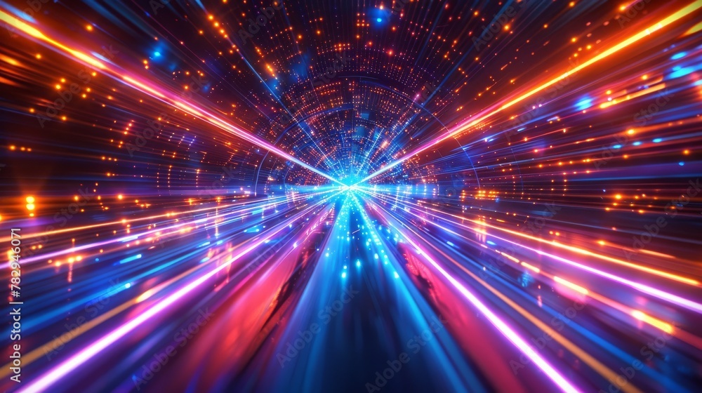 Aufkleber 3D rendering of flash neon and light glowing in a dark scene. Speed light moving lines. Fast motion blur. Network for the future internet. Hyperspace interstellar travel.