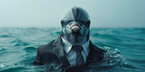Surreal Business Dolphin Emerging from Ocean - obrazy, fototapety, plakaty