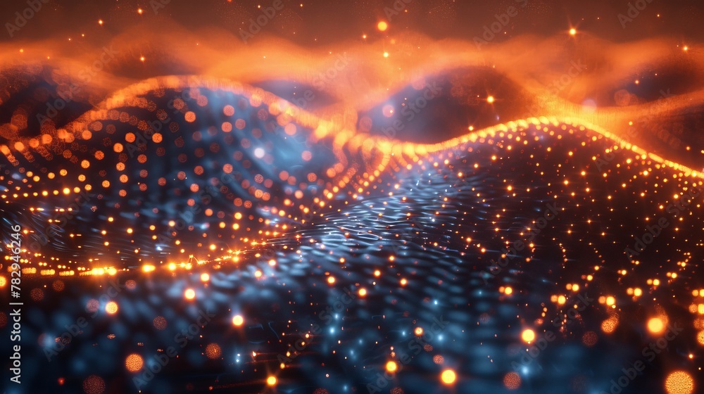 Poster Digital technology background. Dynamic wave of glowing points. Futuristic presentation design background.