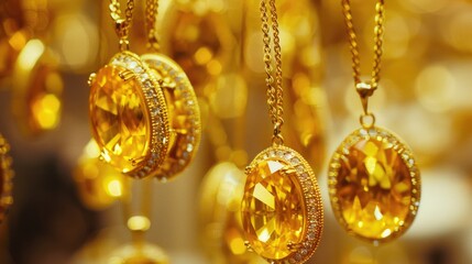 A bunch of gold necklaces hanging from a ceiling. Perfect for luxury and jewelry concepts