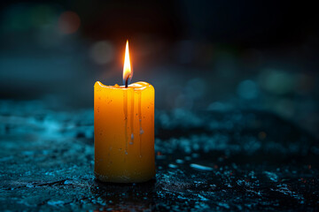Single white burning candle on black background