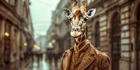 Stylish Giraffe in Trench Coat Walking in a Rainy City Street