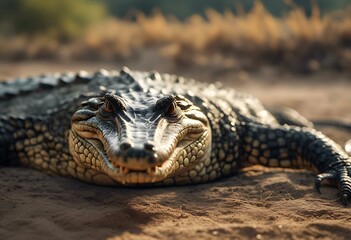AI generated illustration of a crocodile resting on sandy ground