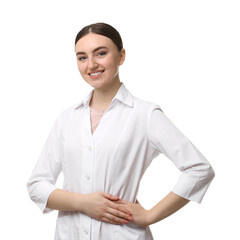 Cosmetologist in medical uniform on white background