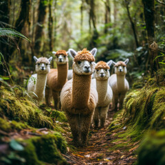 Fototapeta premium Picturesque Alpaca Herd Trekking Forest Path
