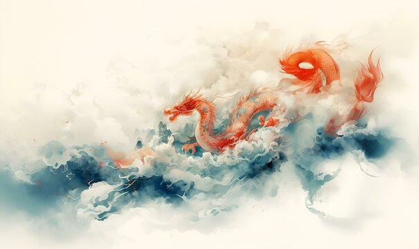 watercolor art painting depicting two dragon like figures in the clouds